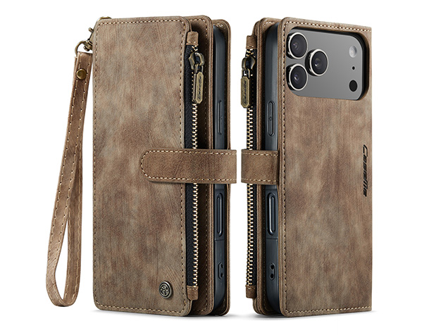 CaseMe Synthetic Leather Wallet Case with Zipper Pocket for iPhone 17 Pro - Dessert Taupe