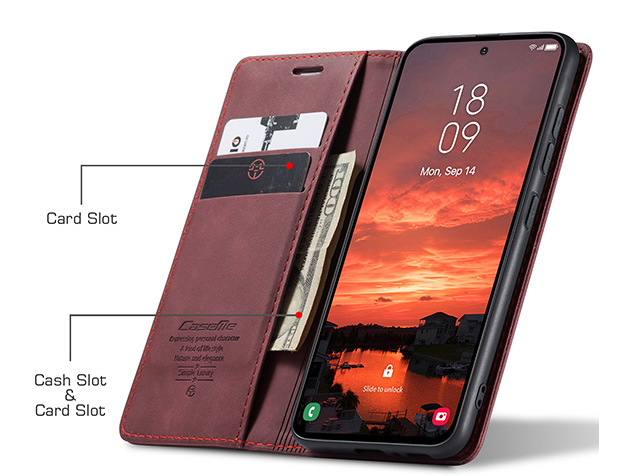 CaseMe Slim Synthetic Leather Wallet Case with Stand for Samsung Galaxy S25 FE - Burgundy