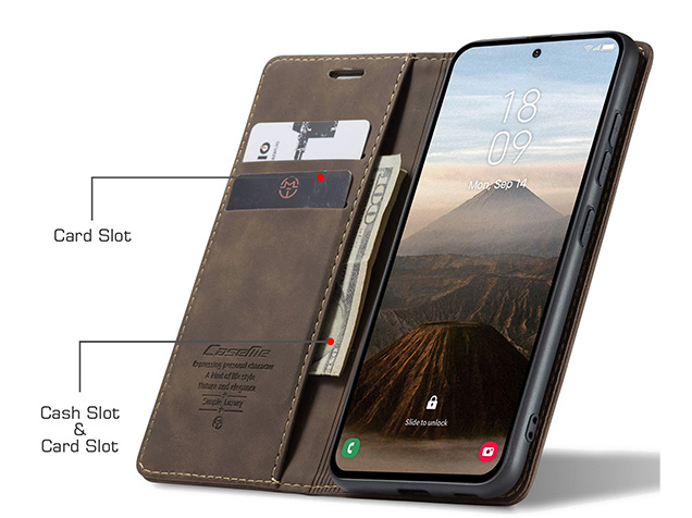 CaseMe Slim Synthetic Leather Wallet Case with Stand for Samsung Galaxy S25 FE - Chocolate