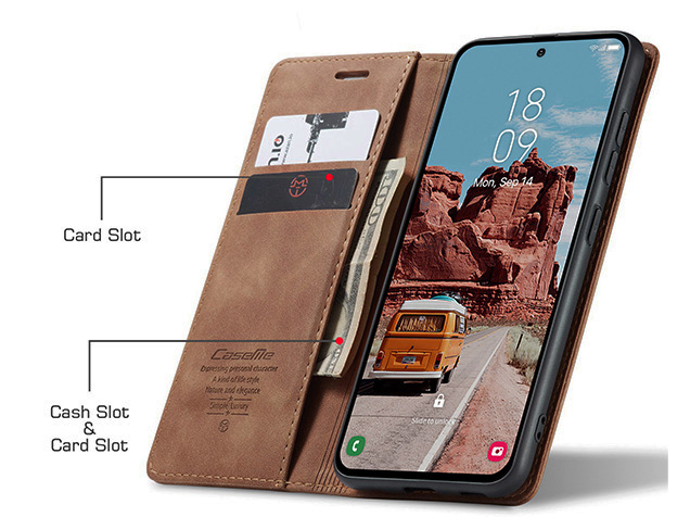 CaseMe Slim Synthetic Leather Wallet Case with Stand for Samsung Galaxy S25 FE - Tan