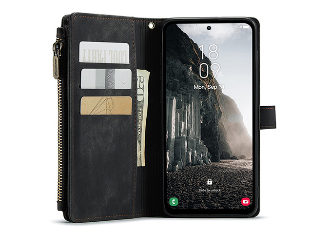 CaseMe Synthetic Leather Wallet Case with Zipper Pocket for Samsung Galaxy A17 - Charcoal