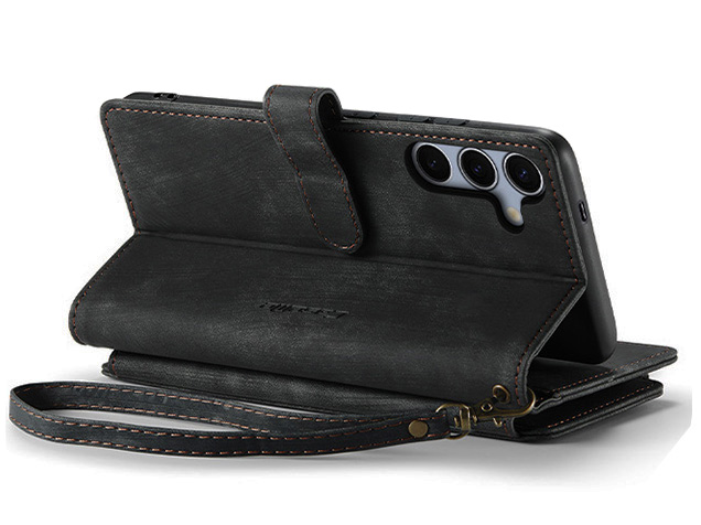 CaseMe Synthetic Leather Wallet Case with Zipper Pocket for Samsung Galaxy S25 FE - Charcoal Leather Wallet Case