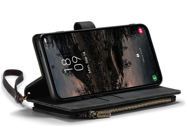CaseMe Synthetic Leather Wallet Case with Zipper Pocket for Samsung Galaxy S25 FE - Charcoal