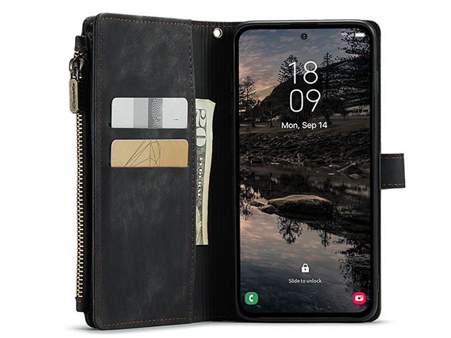 CaseMe Synthetic Leather Wallet Case with Zipper Pocket for Samsung Galaxy S25 FE - Charcoal