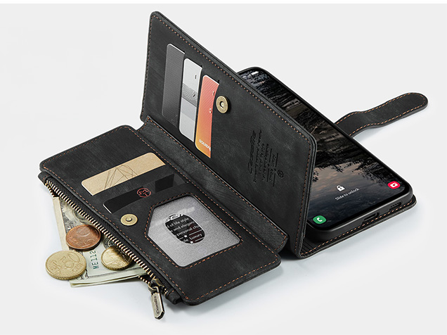 CaseMe Synthetic Leather Wallet Case with Zipper Pocket for Samsung Galaxy S25 FE - Charcoal