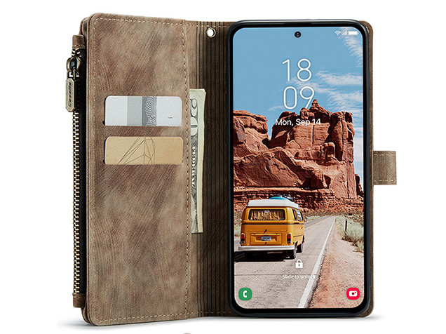 CaseMe Synthetic Leather Wallet Case with Zipper Pocket for Samsung Galaxy S25 FE - Desert Taupe