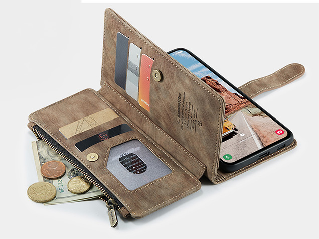 CaseMe Synthetic Leather Wallet Case with Zipper Pocket for Samsung Galaxy S25 FE - Desert Taupe