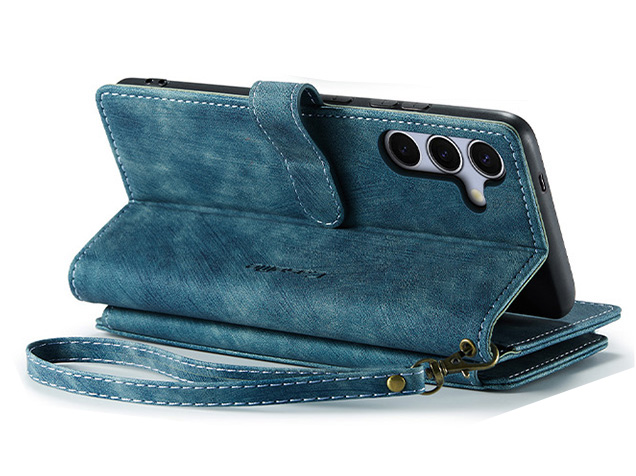 CaseMe Synthetic Leather Wallet Case with Zipper Pocket for Samsung Galaxy S25 FE - Teal Leather Wallet Case