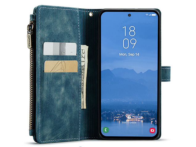 CaseMe Synthetic Leather Wallet Case with Zipper Pocket for Samsung Galaxy S25 FE - Teal