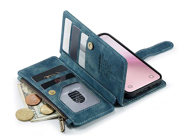 CaseMe Synthetic Leather Wallet Case with Zipper Pocket for iPhone 17e - Teal