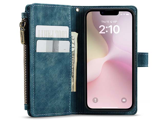 CaseMe Synthetic Leather Wallet Case with Zipper Pocket for iPhone 17e - Teal