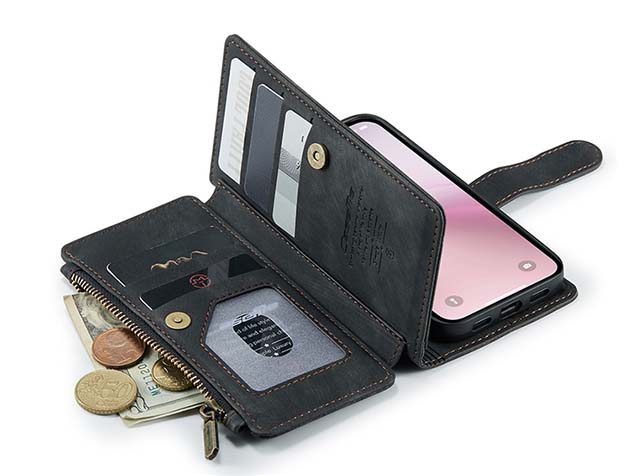 CaseMe Synthetic Leather Wallet Case with Zipper Pocket for iPhone 17e - Charcoal