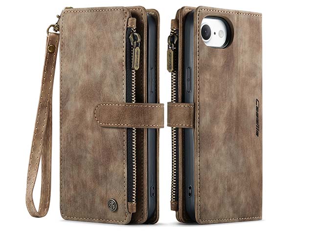 CaseMe Synthetic Leather Wallet Case with Zipper Pocket for iPhone 17e - Dessert Taupe