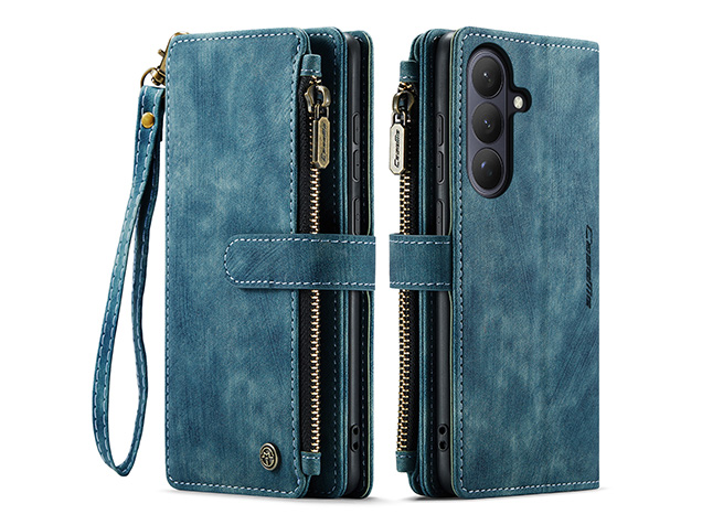 CaseMe Synthetic Leather Wallet Case with Zipper Pocket for Samsung Galaxy S26+ - Teal Leather Wallet Case