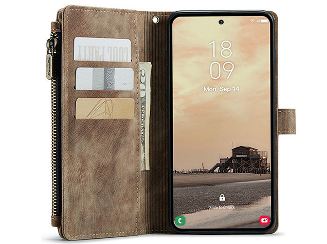 CaseMe Synthetic Leather Wallet Case with Zipper Pocket for Samsung Galaxy S26 Ultra - Desert Taupe