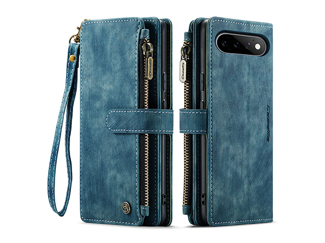 CaseMe Synthetic Leather Wallet Case with Zipper Pocket for Google Pixel 11 - Teal Leather Wallet Case