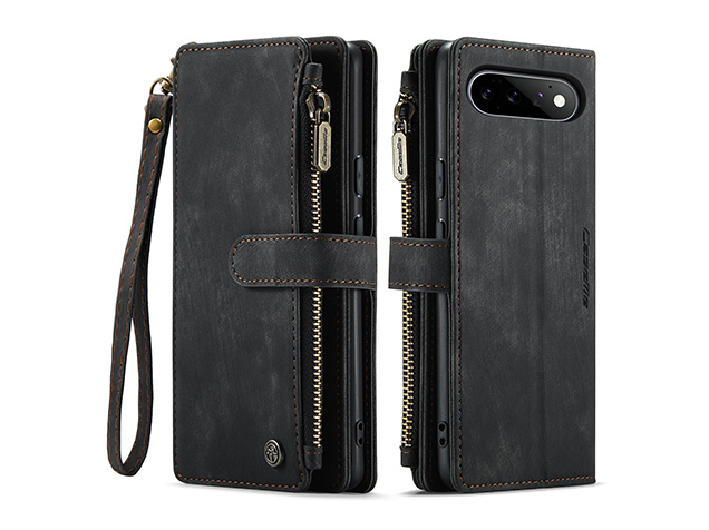 CaseMe Synthetic Leather Wallet Case with Zipper Pocket for Google Pixel 11 - Charcoal Leather Wallet Case