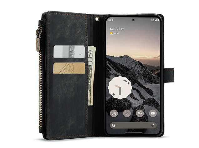 CaseMe Synthetic Leather Wallet Case with Zipper Pocket for Google Pixel 11 - Charcoal