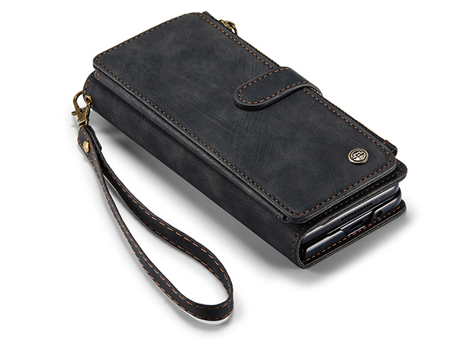 CaseMe Synthetic Leather Wallet Case with Zipper Pocket for Galaxy Z Fold7 - Charcoal Leather Wallet Case