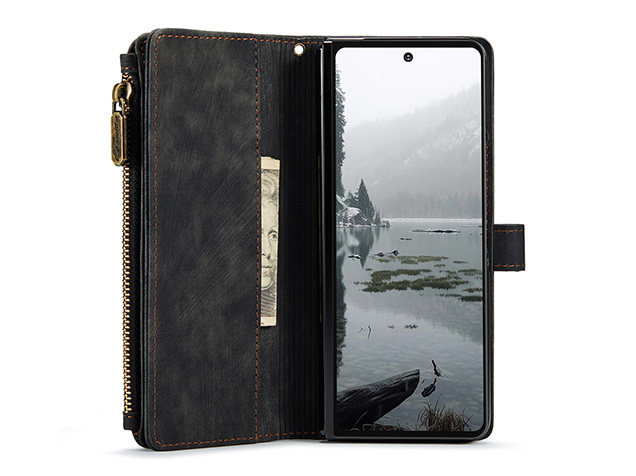 CaseMe Synthetic Leather Wallet Case with Zipper Pocket for Galaxy Z Fold7 - Charcoal