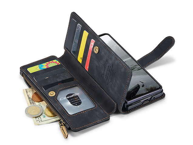 CaseMe Synthetic Leather Wallet Case with Zipper Pocket for Galaxy Z Fold7 - Charcoal