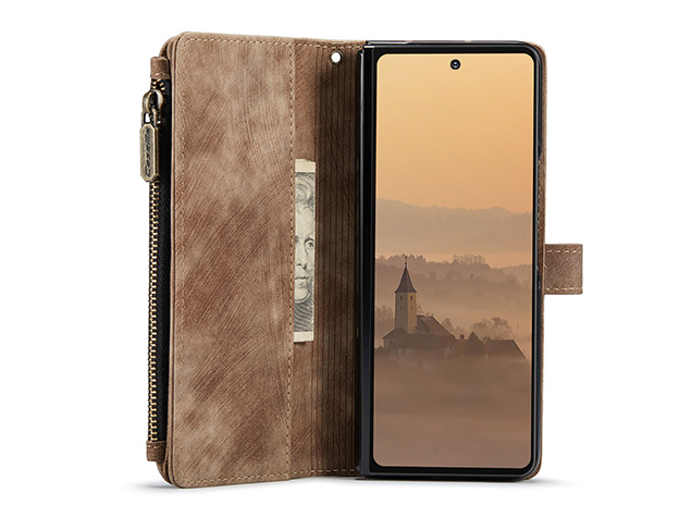 CaseMe Synthetic Leather Wallet Case with Zipper Pocket for Galaxy Z Fold7 - Desert Taupe