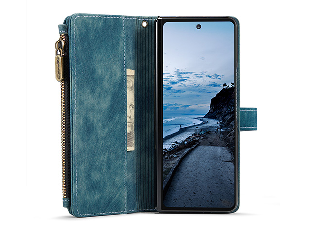 CaseMe Synthetic Leather Wallet Case with Zipper Pocket for Galaxy Z Fold7 - Teal