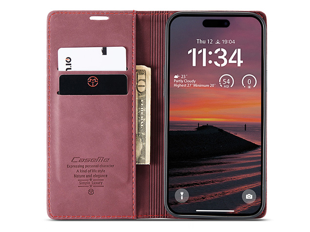 CaseMe Slim Synthetic Leather Wallet Case with Stand for iPhone 18 Pro Max - Burgundy