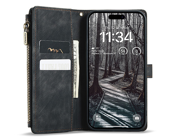 CaseMe Synthetic Leather Wallet Case with Zipper Pocket for iPhone 18 Pro Max - Charcoal