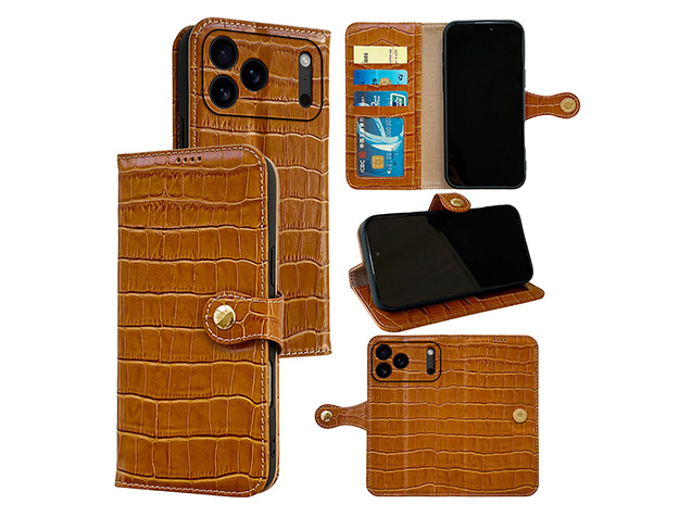 Crocodile Patterned Top-Grain Leather Wallet Case for iPhone 18 Pro Max - Tan