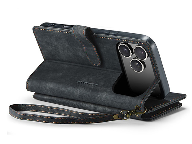 CaseMe Synthetic Leather Wallet Case with Zipper Pocket for iPhone 18 Pro - Charcoal Leather Wallet Case