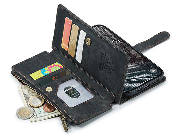 CaseMe Synthetic Leather Wallet Case with Zipper Pocket for iPhone 18 Pro - Charcoal