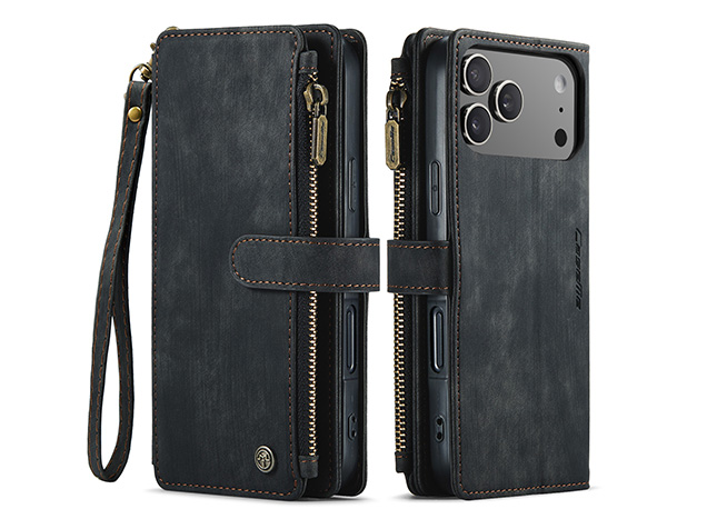 CaseMe Synthetic Leather Wallet Case with Zipper Pocket for iPhone 18 Pro - Charcoal