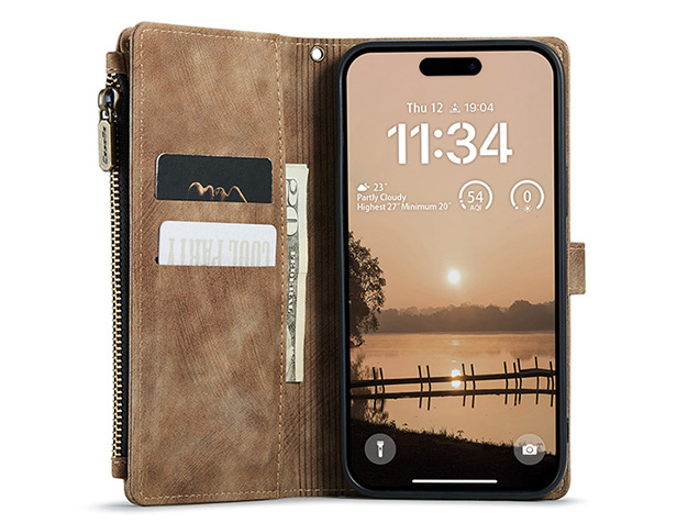 CaseMe Synthetic Leather Wallet Case with Zipper Pocket for iPhone 18 Pro - Desert Taupe