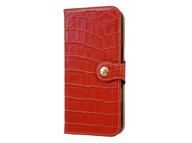 Crocodile Patterned Top-Grain Leather Wallet Case for iPhone 18 Pro - Red
