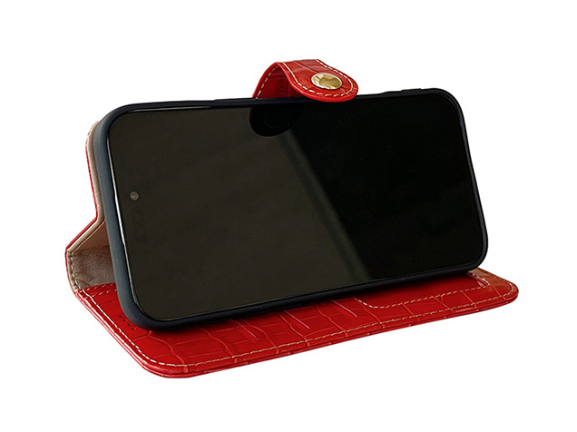 Crocodile Patterned Top-Grain Leather Wallet Case for iPhone 18 Pro - Red