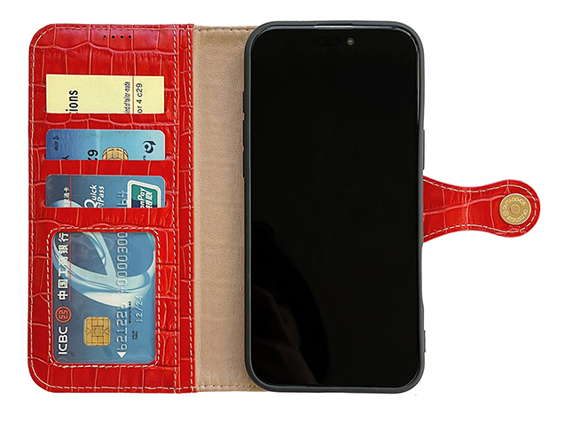 Crocodile Patterned Top-Grain Leather Wallet Case for iPhone 18 Pro - Red