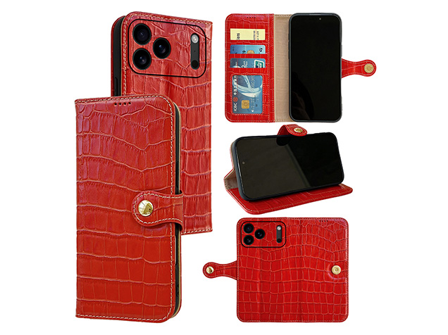 Crocodile Patterned Top-Grain Leather Wallet Case for iPhone 18 Pro - Red