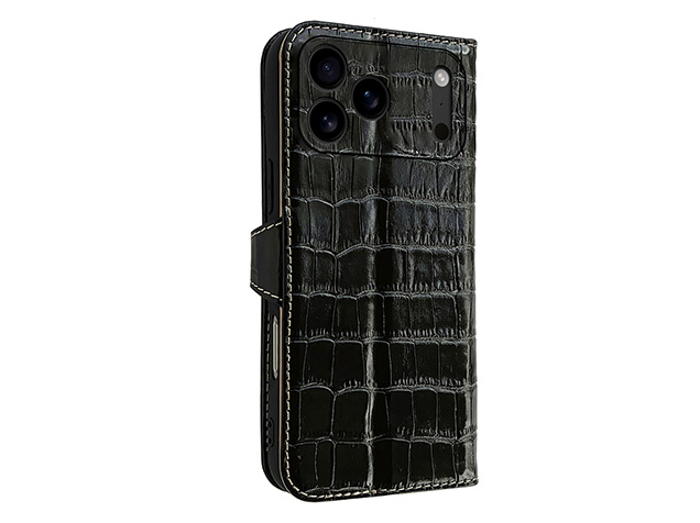 Crocodile Patterned Top-Grain Leather Wallet Case for iPhone 18 Pro - Black Leather Wallet Case