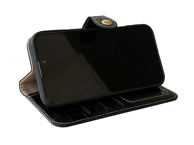 Crocodile Patterned Top-Grain Leather Wallet Case for iPhone 18 Pro - Black