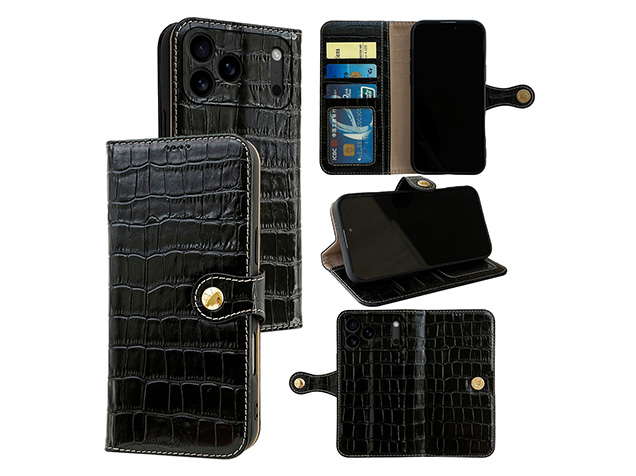 Crocodile Patterned Top-Grain Leather Wallet Case for iPhone 18 Pro - Black