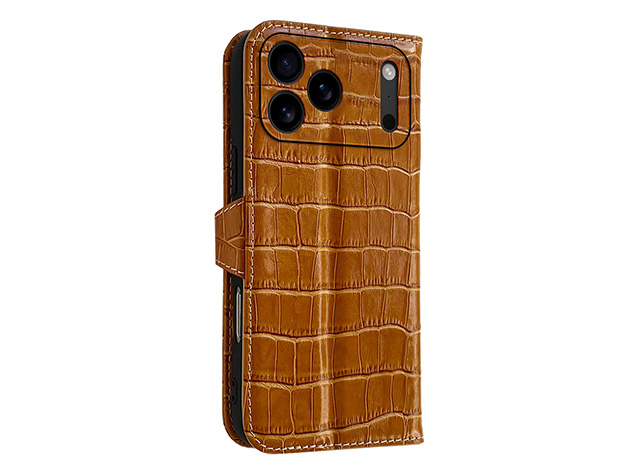Crocodile Patterned Top-Grain Leather Wallet Case for iPhone 18 Pro - Tan Leather Wallet Case