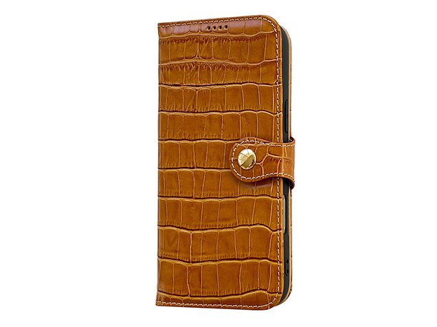 Crocodile Patterned Top-Grain Leather Wallet Case for iPhone 18 Pro - Tan