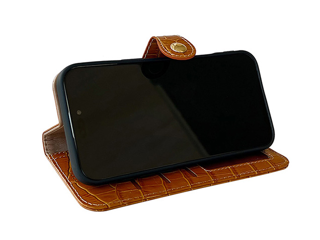 Crocodile Patterned Top-Grain Leather Wallet Case for iPhone 18 Pro - Tan