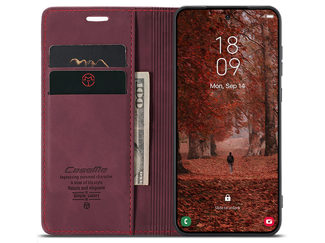 CaseMe Slim Synthetic Leather Wallet Case with Stand for Samsung Galaxy S26 FE - Burgundy