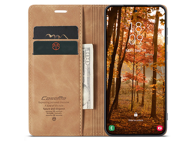 CaseMe Slim Synthetic Leather Wallet Case with Stand for Samsung Galaxy S26 FE - Tan