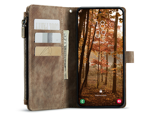 CaseMe Synthetic Leather Wallet Case with Zipper Pocket for Samsung Galaxy S26 FE - Desert Taupe