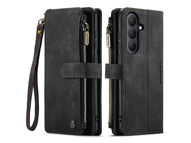 CaseMe Synthetic Leather Wallet Case with Zipper Pocket for Samsung Galaxy S26 FE - Charcoal Leather Wallet Case